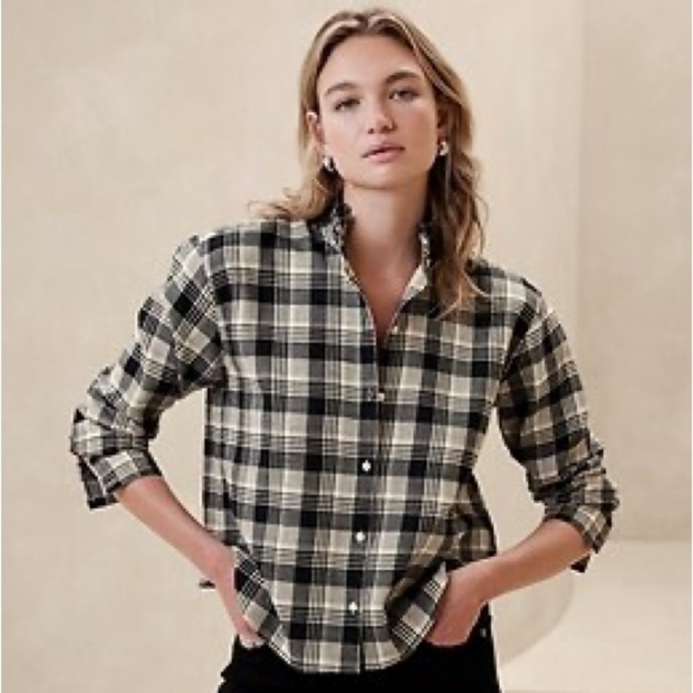Banana Republic Factory Ruffle Collar Flannel Shirt Black & White Plaid XS NEW
